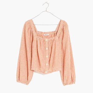 Madewell Puff-Sleeve Button-Front Crop Top in Embroidered Stripe | Size Medium